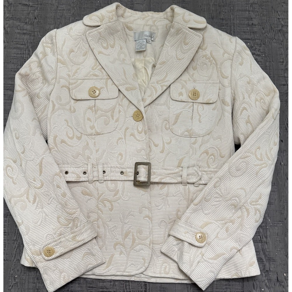 Vintage Y2K Spiegel Tapestry beige short Coat Women size 10 floral Brocade
